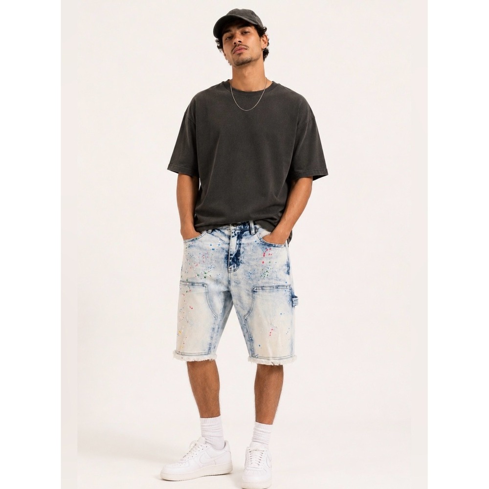 Decibel‎ Mens 30 Carpenter Shorts Acid Wash Paint Splatter Streetwear Blue